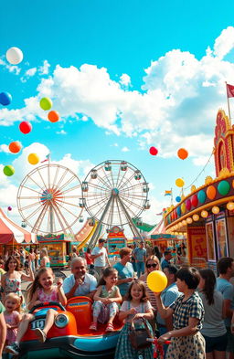 A vibrant carnival scene featuring a colorful amusement park in full swing