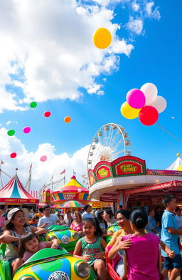 A vibrant carnival scene featuring a colorful amusement park in full swing