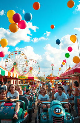A vibrant carnival scene featuring a colorful amusement park in full swing