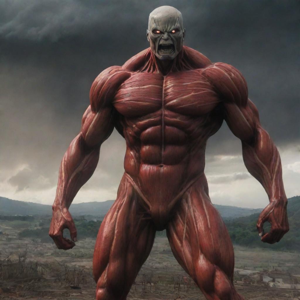 The scene further intensifies as the Colossal Titan emits an aura of searing heat from its body, adding a fiery contrast to the bleak, stormy environment. The villagers respond with increased fear and disbelief.