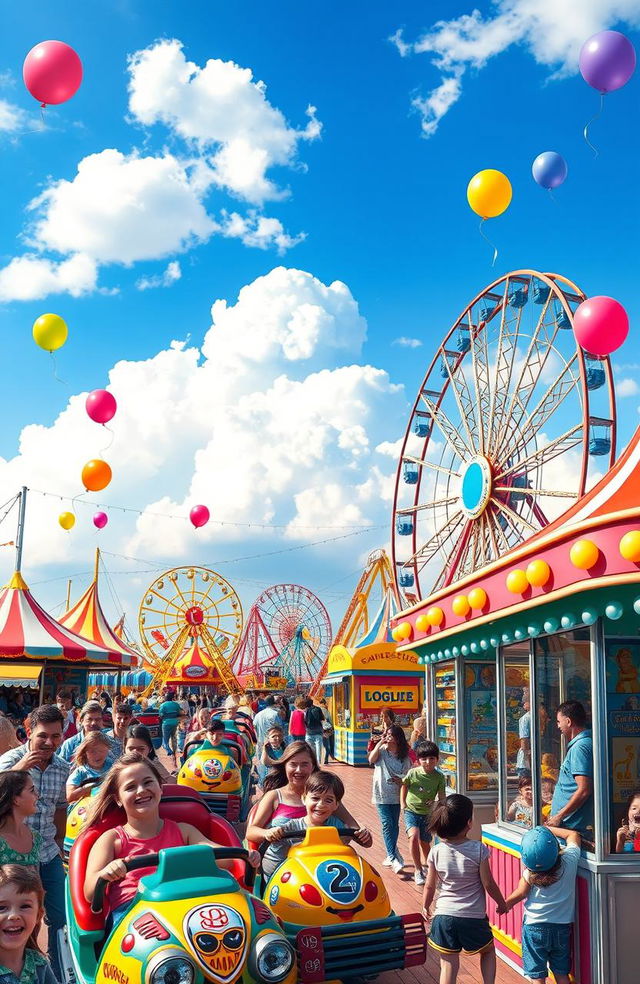 A vibrant carnival scene featuring a colorful amusement park in full swing