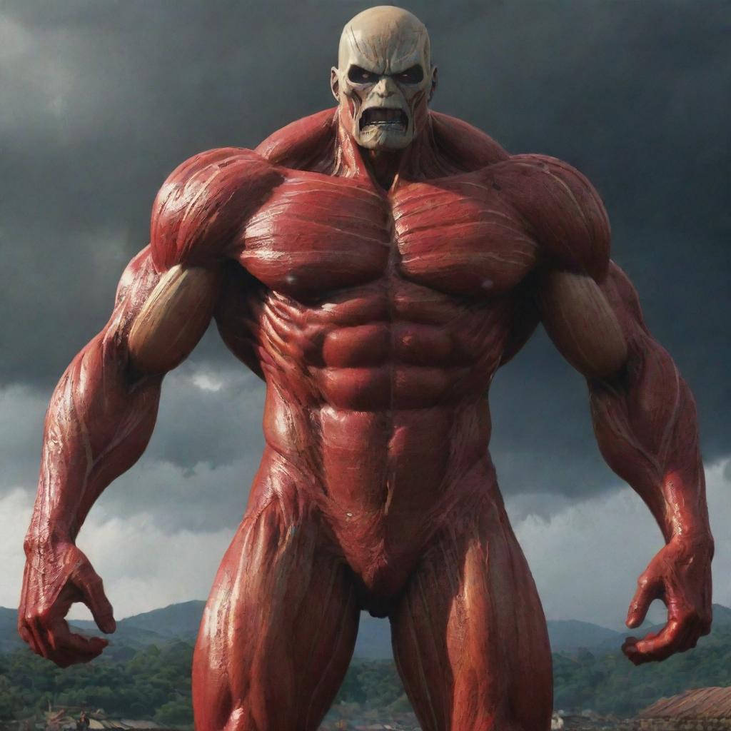 The scene further intensifies as the Colossal Titan emits an aura of searing heat from its body, adding a fiery contrast to the bleak, stormy environment. The villagers respond with increased fear and disbelief.