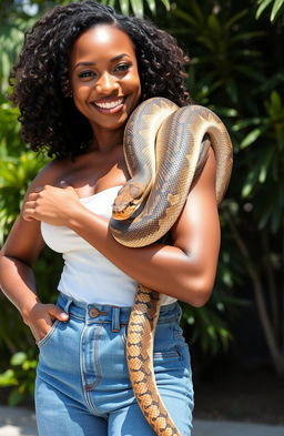 A stunning portrait of a confident black woman wearing stylish jeans, gently cuddling a large, elegant African python draped around her shoulders