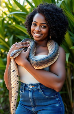 A stunning portrait of a confident black woman wearing stylish jeans, gently cuddling a large, elegant African python draped around her shoulders