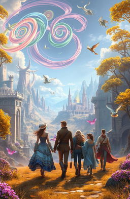 A magical journey through time, featuring a vibrant landscape filled with ancient ruins, futuristic cities, and mythical creatures coexisting harmoniously