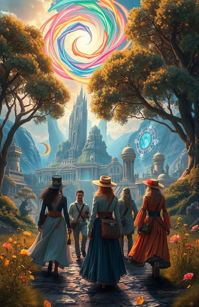 A magical journey through time, featuring a vibrant landscape filled with ancient ruins, futuristic cities, and mythical creatures coexisting harmoniously