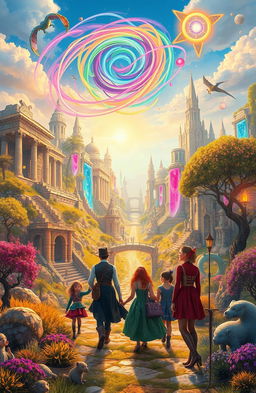 A magical journey through time, featuring a vibrant landscape filled with ancient ruins, futuristic cities, and mythical creatures coexisting harmoniously