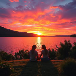 A serene scene depicting a couple sitting by a sparkling lake during sunset, surrounded by vibrant, brilliant colors in the sky