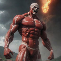 The scene further intensifies as the Colossal Titan emits an aura of searing heat from its body, adding a fiery contrast to the bleak, stormy environment. The villagers respond with increased fear and disbelief.