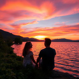 A serene scene depicting a couple sitting by a sparkling lake during sunset, surrounded by vibrant, brilliant colors in the sky