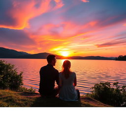 A serene scene depicting a couple sitting by a sparkling lake during sunset, surrounded by vibrant, brilliant colors in the sky