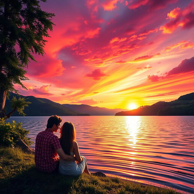 A serene scene depicting a couple sitting by a sparkling lake during sunset, surrounded by vibrant, brilliant colors in the sky