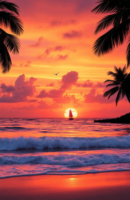 A vibrant sunset over the ocean, with waves crashing gently onto a sandy beach