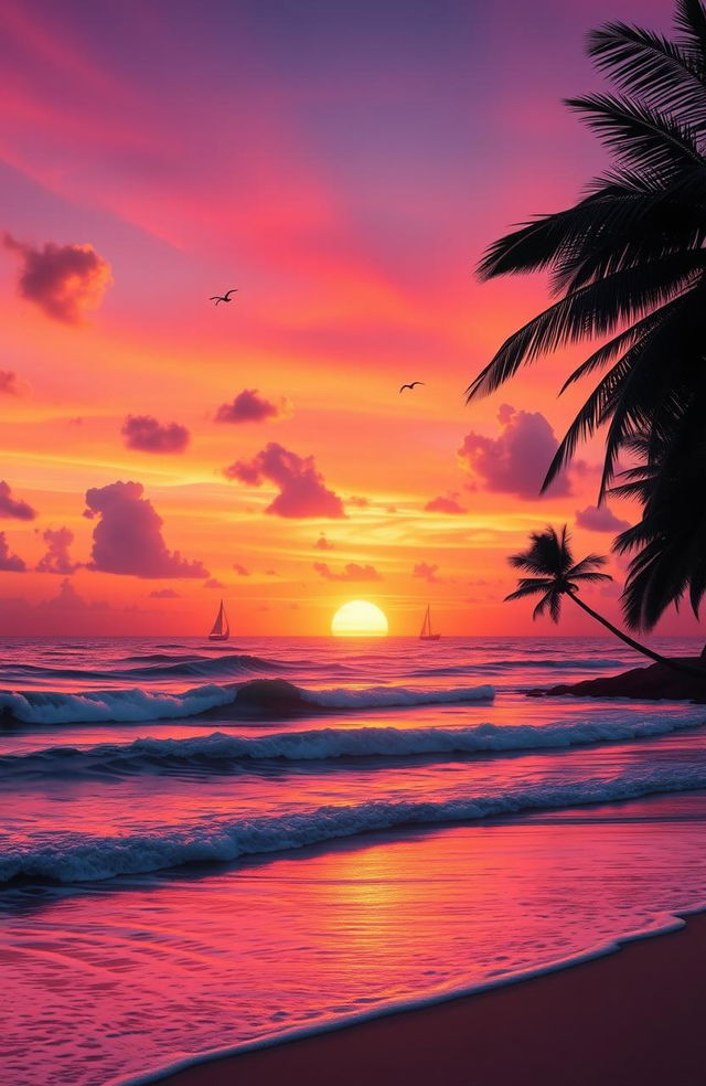 A vibrant sunset over the ocean, with waves crashing gently onto a sandy beach