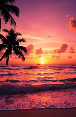 A vibrant sunset over the ocean, with waves crashing gently onto a sandy beach