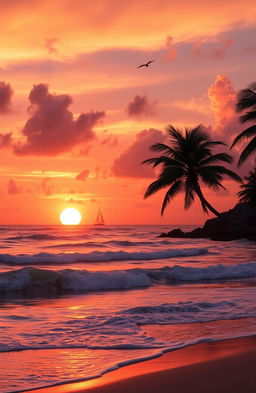 A vibrant sunset over the ocean, with waves crashing gently onto a sandy beach