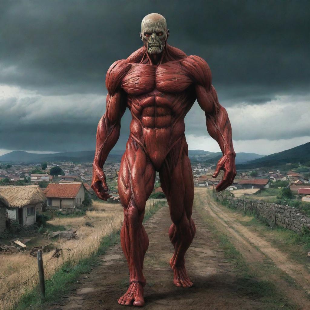 In an unexpected twist, the imposing figure of the Colossal Titan vanishes, leaving behind a village indelibly marked by fear, yet still standing. The stormy, fiery scene is now strangely quiet and empty.