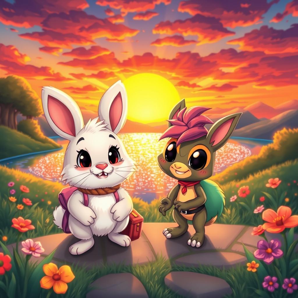 A charming cartoon scene featuring a cute rabbit and its friend, Tartle, a quirky character, traveling together