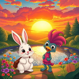 A charming cartoon scene featuring a cute rabbit and its friend, Tartle, a quirky character, traveling together