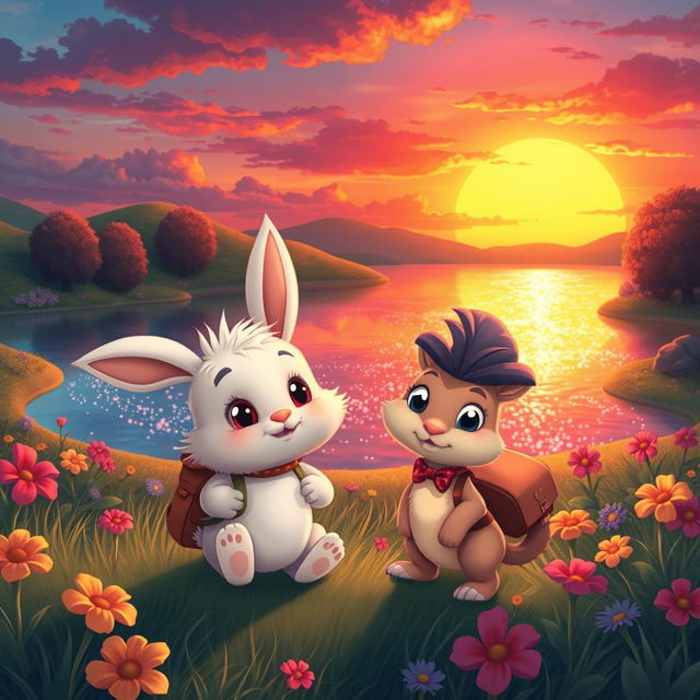 A charming cartoon scene featuring a cute rabbit and its friend, Tartle, a quirky character, traveling together