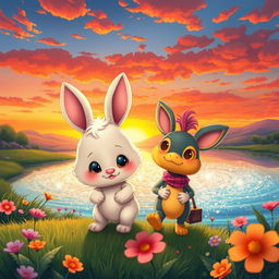 A charming cartoon scene featuring a cute rabbit and its friend, Tartle, a quirky character, traveling together