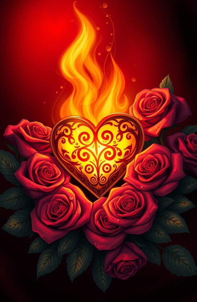 A beautifully illustrated composition featuring a stylized burning heart surrounded by vibrant red roses