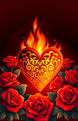 A beautifully illustrated composition featuring a stylized burning heart surrounded by vibrant red roses