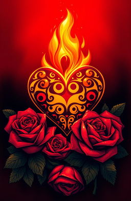 A beautifully illustrated composition featuring a stylized burning heart surrounded by vibrant red roses