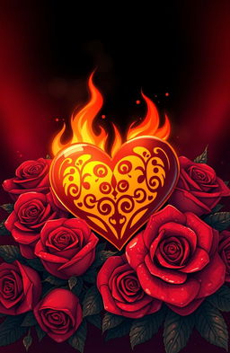 A beautifully illustrated composition featuring a stylized burning heart surrounded by vibrant red roses