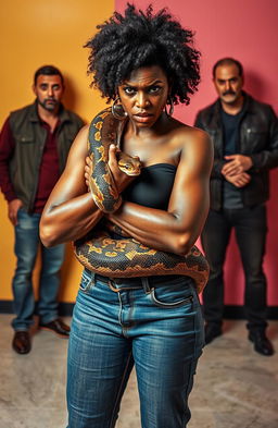 An angry Black woman in jeans, showcasing a strong and fierce expression while cuddling a large African python