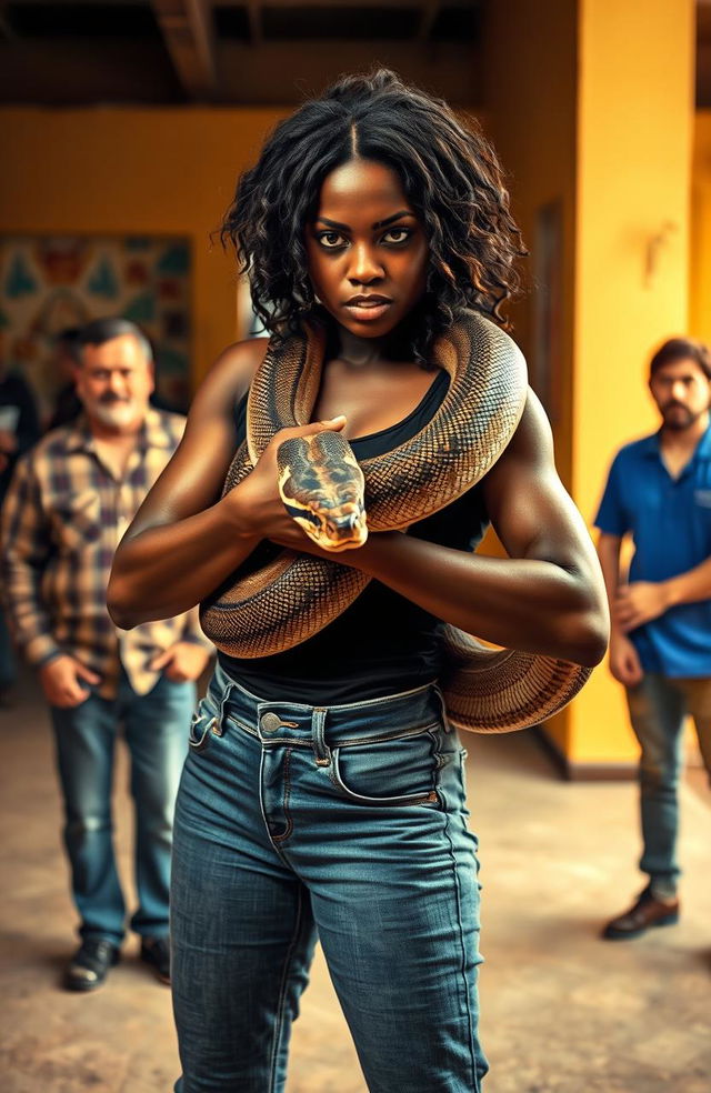 An angry Black woman in jeans, showcasing a strong and fierce expression while cuddling a large African python