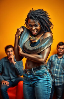 An angry Black woman in jeans, showcasing a strong and fierce expression while cuddling a large African python