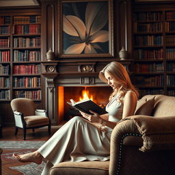 A realistic living room featuring a grand fireplace and a large bookshelf filled with books