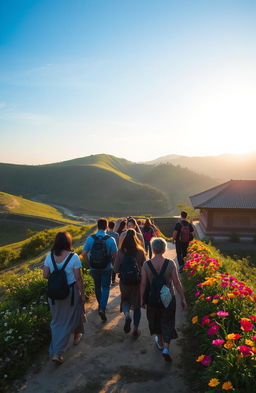 A mesmerizing journey through Wak, showcasing a vibrant landscape filled with lush greenery, rolling hills, and a clear blue sky