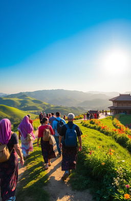 A mesmerizing journey through Wak, showcasing a vibrant landscape filled with lush greenery, rolling hills, and a clear blue sky