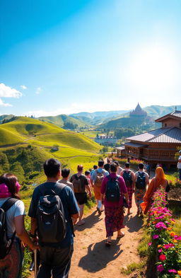 A mesmerizing journey through Wak, showcasing a vibrant landscape filled with lush greenery, rolling hills, and a clear blue sky