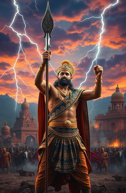 A dramatic depiction of the classic Bengali play 'Meghnadbodh', focusing on the character Meghnad, portrayed as a heroic warrior in a striking royal costume adorned with intricate patterns of gold and blue