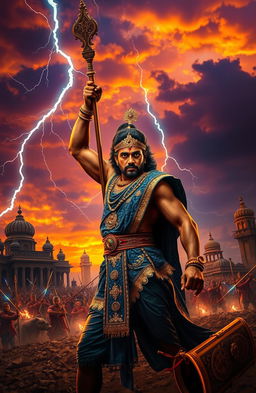 A dramatic depiction of the classic Bengali play 'Meghnadbodh', focusing on the character Meghnad, portrayed as a heroic warrior in a striking royal costume adorned with intricate patterns of gold and blue