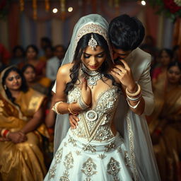 A dramatic and emotional scene set during an Indian wedding ceremony, featuring a bride in a stunning wedding dress with deep cleavage and ornate details that reveal her navel