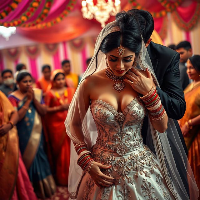 A dramatic and emotional scene set during an Indian wedding ceremony, featuring a bride in a stunning wedding dress with deep cleavage and ornate details that reveal her navel