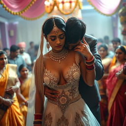 A dramatic and emotional scene set during an Indian wedding ceremony, featuring a bride in a stunning wedding dress with deep cleavage and ornate details that reveal her navel