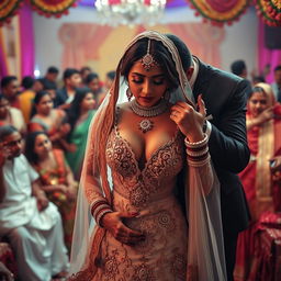 A dramatic and emotional scene set during an Indian wedding ceremony, featuring a bride in a stunning wedding dress with deep cleavage and ornate details that reveal her navel