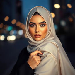 A beautiful woman wearing a stylish hijab, showcasing an elegant and fashionable look, exuding confidence and grace
