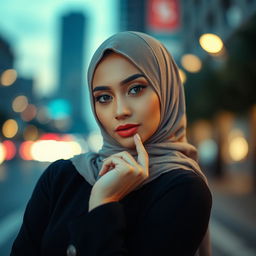 A beautiful woman wearing a stylish hijab, showcasing an elegant and fashionable look, exuding confidence and grace