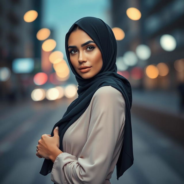 A beautiful woman wearing a stylish hijab, showcasing an elegant and fashionable look, exuding confidence and grace