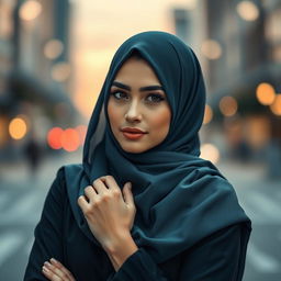 A beautiful woman wearing a stylish hijab, showcasing an elegant and fashionable look, exuding confidence and grace