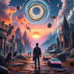 An imaginative journey through time, depicting a surreal landscape that blends different historical eras