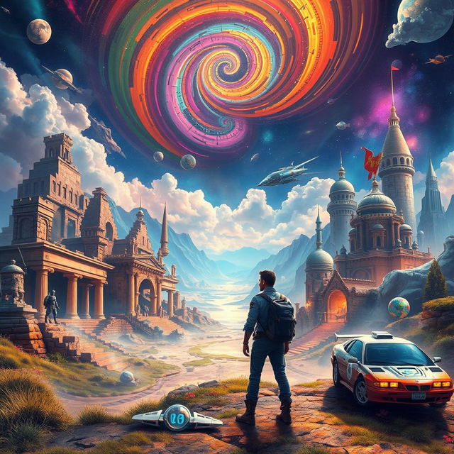 An imaginative journey through time, depicting a surreal landscape that blends different historical eras