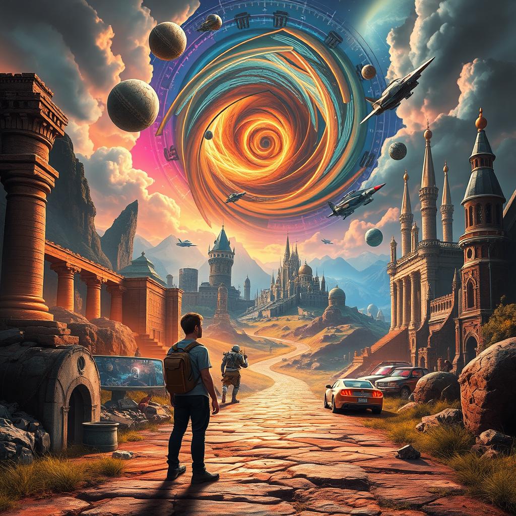 An imaginative journey through time, depicting a surreal landscape that blends different historical eras