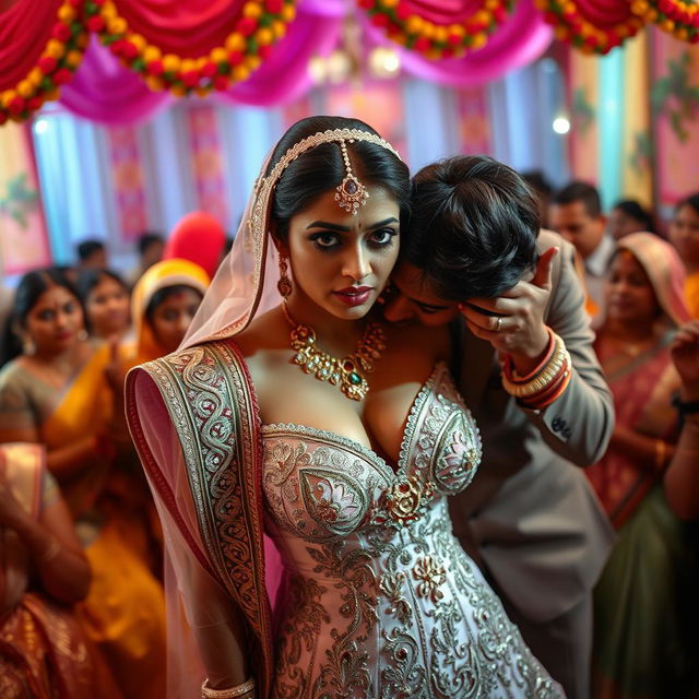 A tense and dramatic scene set during a vibrant Indian wedding ceremony, featuring a bride in a stunning wedding dress that has deep cleavage and intricately designed details, revealing her navel